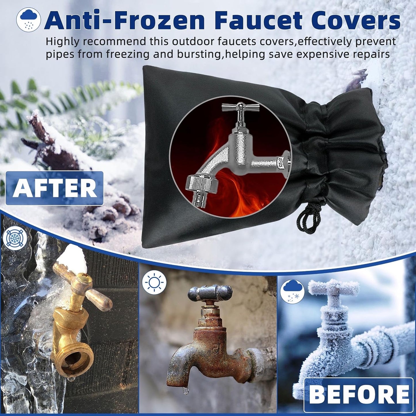 Outdoor Faucet Covers for Winter Freeze Protection 4 Pack Reusable Garden Faucet Cover Socks for Various Faucet Water Spigot Pipe Hose Bib,Waterproof Insulated Anti-Freeze Covers-Reflective Velcro