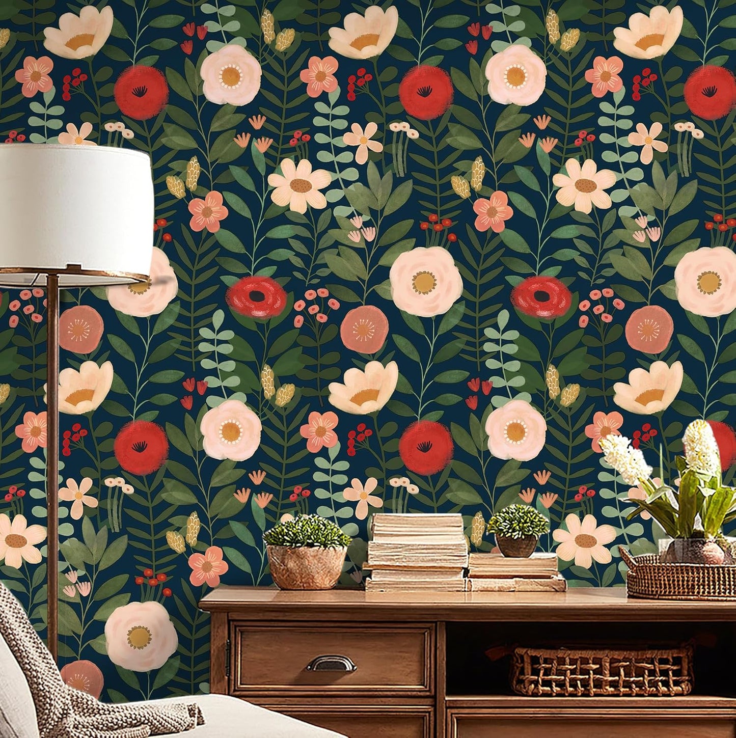 HAOKHOME Floral Peel and Stick Wallpaper Boho Vintage Wall Paper Removable for Bathroom Nursery Beige/Pink/Red Contact Paper 17.3in x 9.8ft