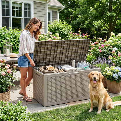 EasyUp 33 Gallon Resin Deck Box Waterproof, UV Resistant Outdoor Storage Box for Delivery, Porch, Patio and Garden, Stripe Black