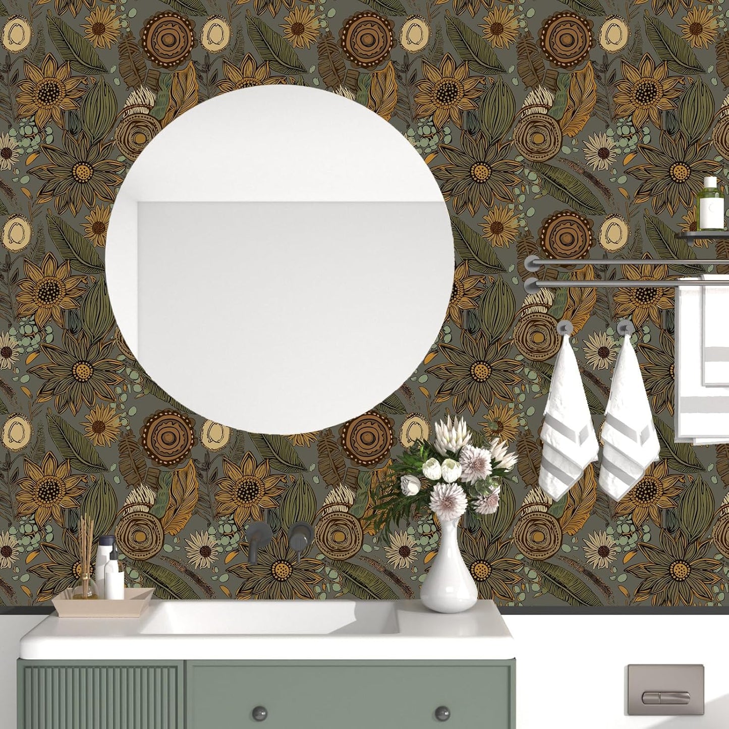 Blue Wallpaper Peel and Stick,Vintage Boho Floral Contact Paper 17.5" x 118", Retro Botanical Flower Wall Paper Self Adhesive Removable Waterproof for Walls Shelves Cabinet Table (Blue,Yellow, Green)
