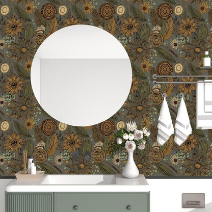 Blue Wallpaper Peel and Stick,Vintage Boho Floral Contact Paper 17.5" x 118", Retro Botanical Flower Wall Paper Self Adhesive Removable Waterproof for Walls Shelves Cabinet Table (Blue,Yellow, Green)