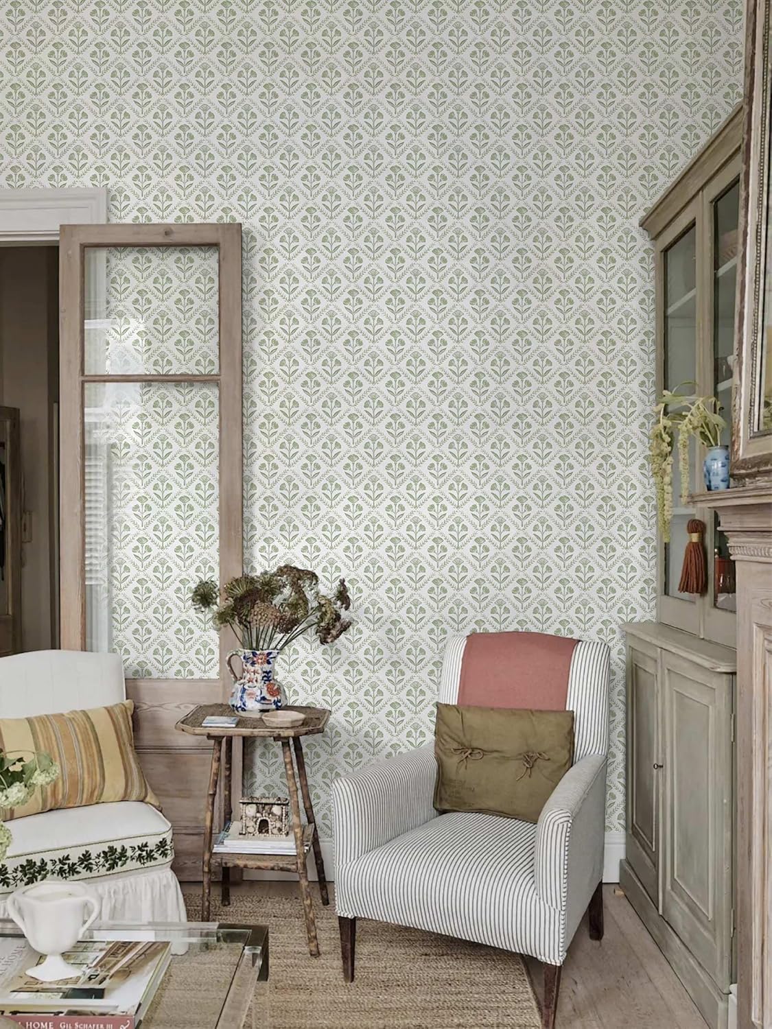 Dimoon 17.3''x78.7'' Peel and Stick Wallpaper Floral Cute Contact Paper Vintage Village Country Cottage Wallpaper Farmhouse Yellow Beige Renter Friendly Geometry Waterproof Embossed Kitchen Bedroom