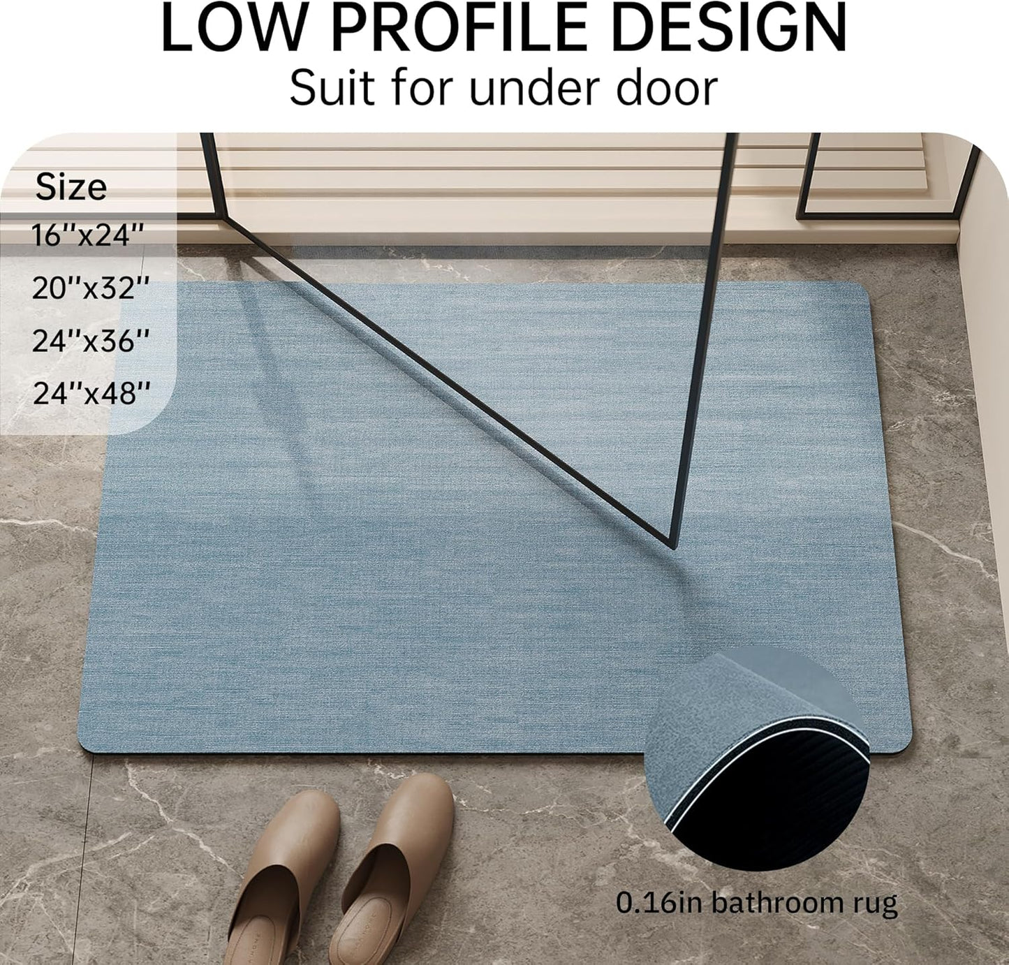 Mecko Bath Mat Rug, Rubber Non-Slip Quick Dry Absorbent Thin Bathroom Rugs Fit Under Door Bathroom Floor Mats-Shower Rug for in Front of Bathtub, Sink, Shower Room(Light Grey,16"x24")