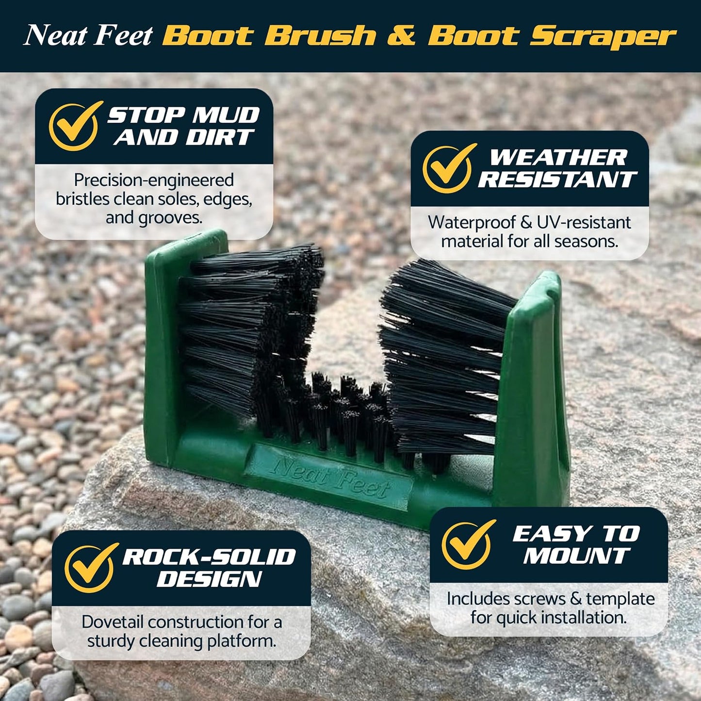 Neat Feet Boot Brush & Boot Scraper | Mountable Shoe Cleaner w/Screws, Injection Molded Plastic Mud Scrubber for Work Boots, Hiking & Outdoor Footwear, Weather-Resistant for Garage, Porch & Entryway