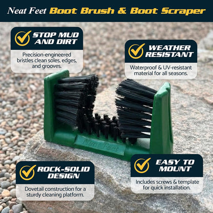 Neat Feet Boot Brush & Boot Scraper | Mountable Shoe Cleaner w/Screws, Injection Molded Plastic Mud Scrubber for Work Boots, Hiking & Outdoor Footwear, Weather-Resistant for Garage, Porch & Entryway