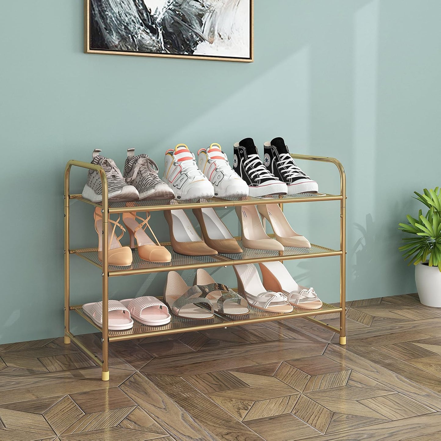 Simple Trending 3-Tier Stackable Shoe Rack, Expandable & Adjustable Shoe Shelf Storage Organizer, Wire Grid, Black
