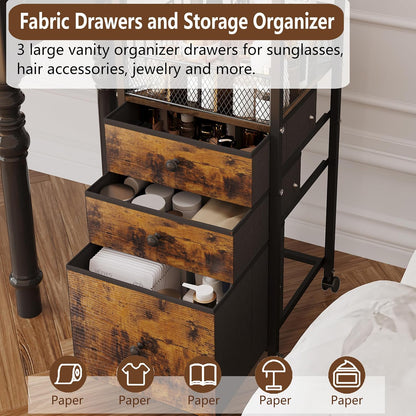 Rolling Makeup Organizer Cart with 3 Drawers, Under Desk Vanity Makeup Storage Cart, Bathroom Storage Cart Cosmetic Display Cases Cabinet for Nail Polish, Brushes & Hair Tools, Gold