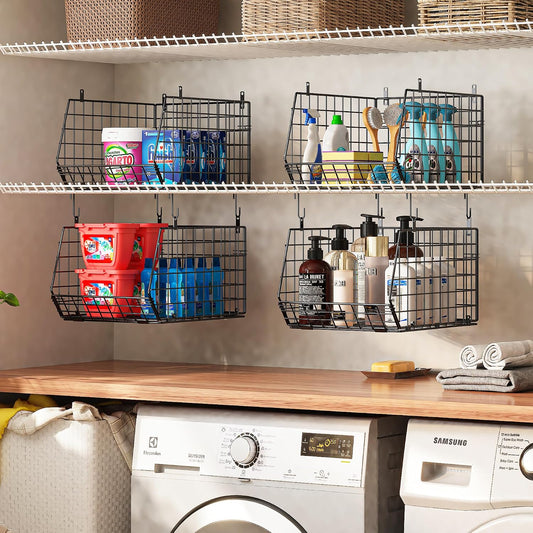 8-Tier Extended Depth Hanging Closet Organizers and Storage for Closet System, Stackable Closet Shelves with 4 Adjustable Dividers for Clothes Sweaters Purses, Wire Hanging Basket Fits Closet Laundry