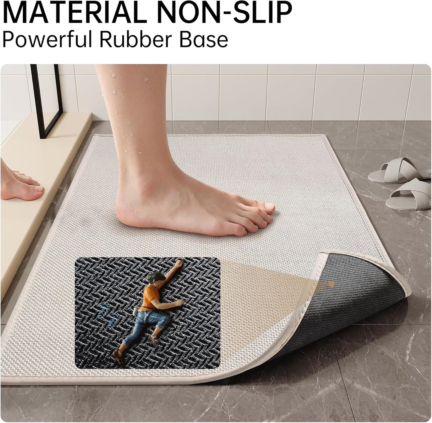 Mecko Bath Mat Rug, Rubber Non-Slip Quick Dry Absorbent Thin Bathroom Rugs Fit Under Door Bathroom Floor Mats-Shower Rug for in Front of Bathtub, Sink, Shower Room(Light Grey,16"x24")