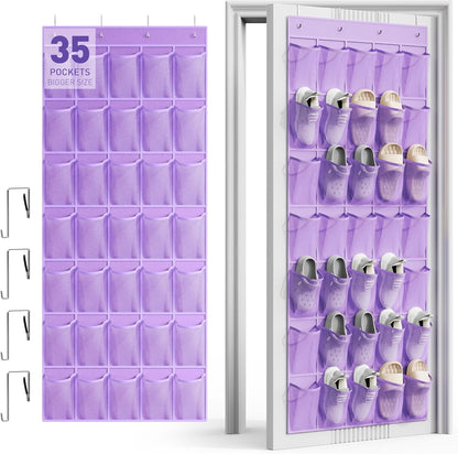 WVM Over the Door Shoe Organizer with 35 Breathable Mesh Pockets, Hanging Shoe Organizer for Door with 4 Metal Hooks, Large Capacity Closet Storage for Shoes, Accessories, Grey