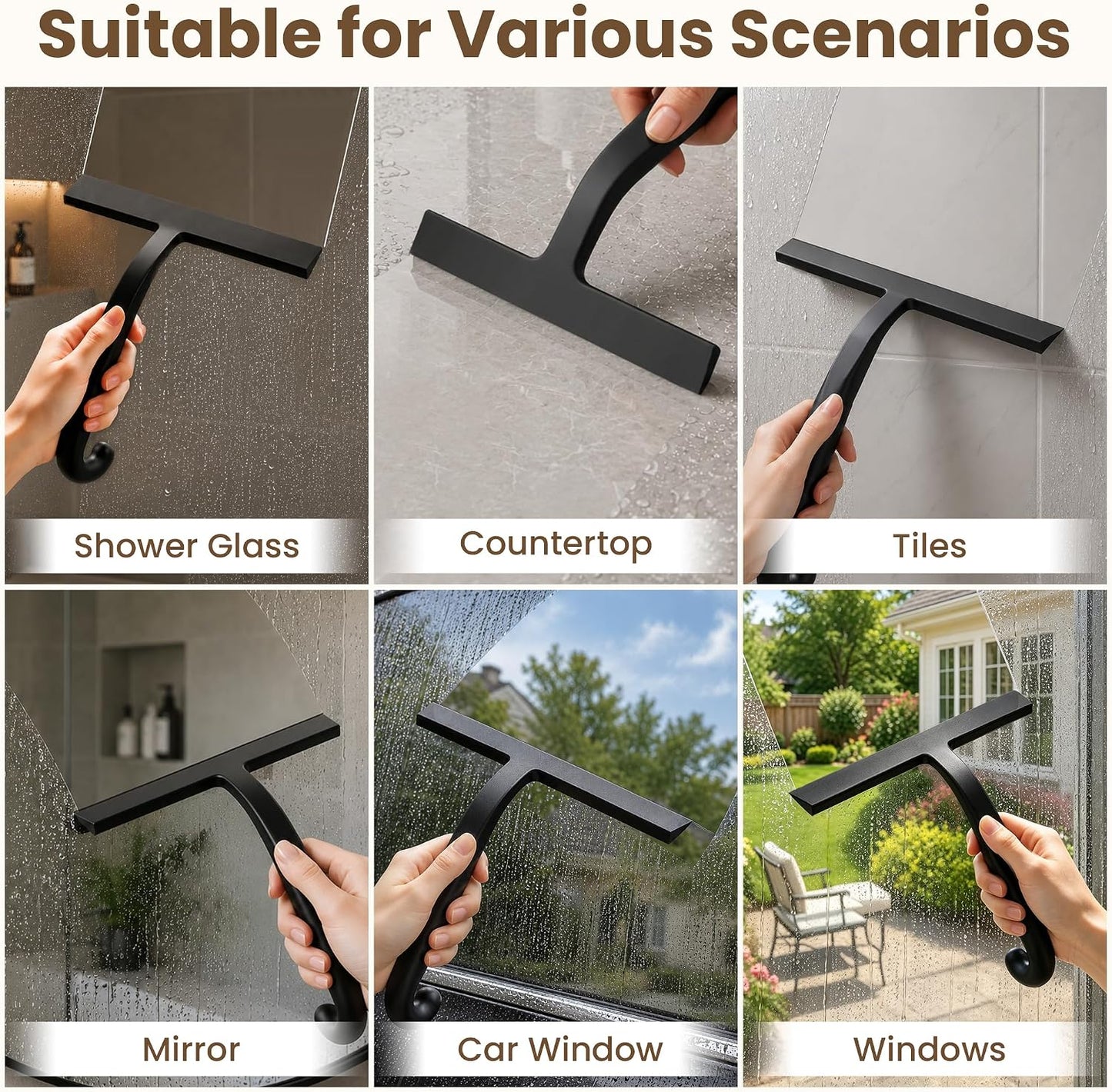 Shower Squeegee for Glass Doors - 10 Inch Bathroom Squeegee with Ergonomic Round Grip, Built-in Hook, Streak-Free No-Squeak Silicone Blade for Shower Glass, Tile Walls, Mirrors & Windows, Black