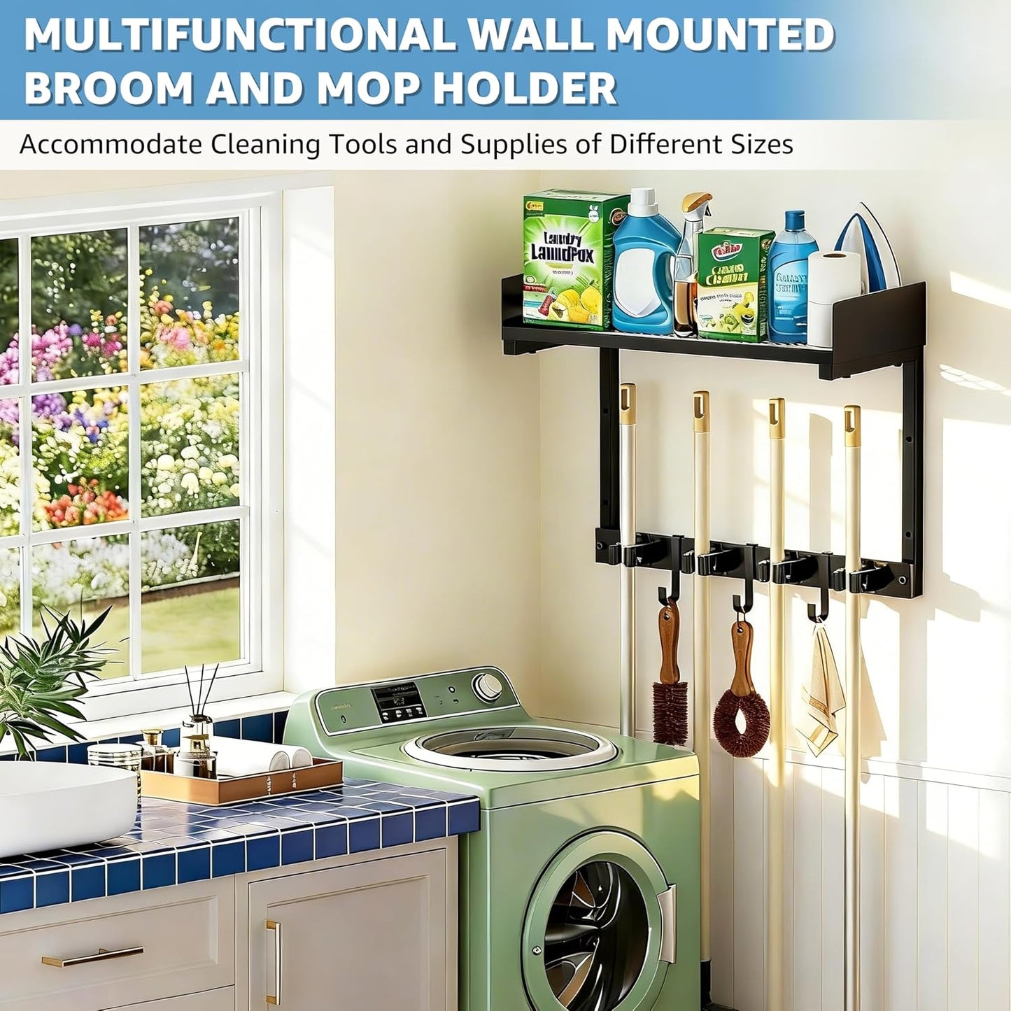 HUFAND Broom Holder Wall Mount, 27" Large Mop and Broom Organizer Wall Hanging with Top Storage Shelf & Vacuum Hook, Heavy Duty Iron Utility Rack for Laundry Room, Garage, Kitchen, Garden - Black