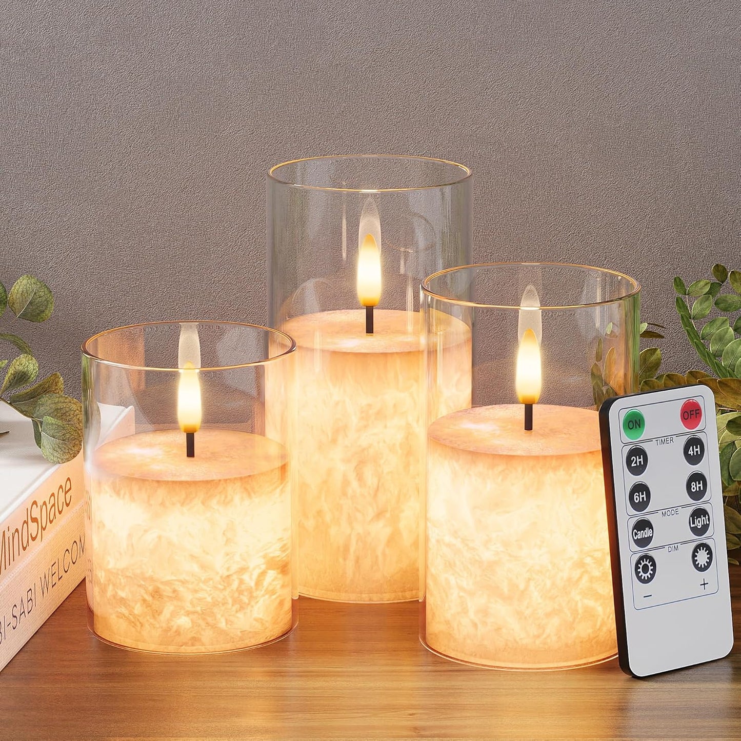 VIODAIM Ice Crystal Real Wax Glass Flameless Candles with Remote & Timer, Battery Operated Candles with Warm Flickering Flame, Realistic LED Candle for Wedding Home Decor [D3×H4/5"/6"] Gold, 3Pack