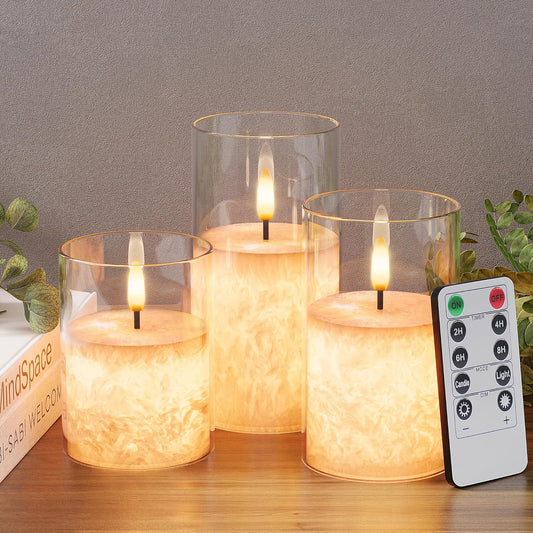 VIODAIM Ice Crystal Real Wax Glass Flameless Candles with Remote & Timer, Battery Operated Candles with Warm Flickering Flame, Realistic LED Candle for Wedding Home Decor [D3×H4/5"/6"] Gold, 3Pack