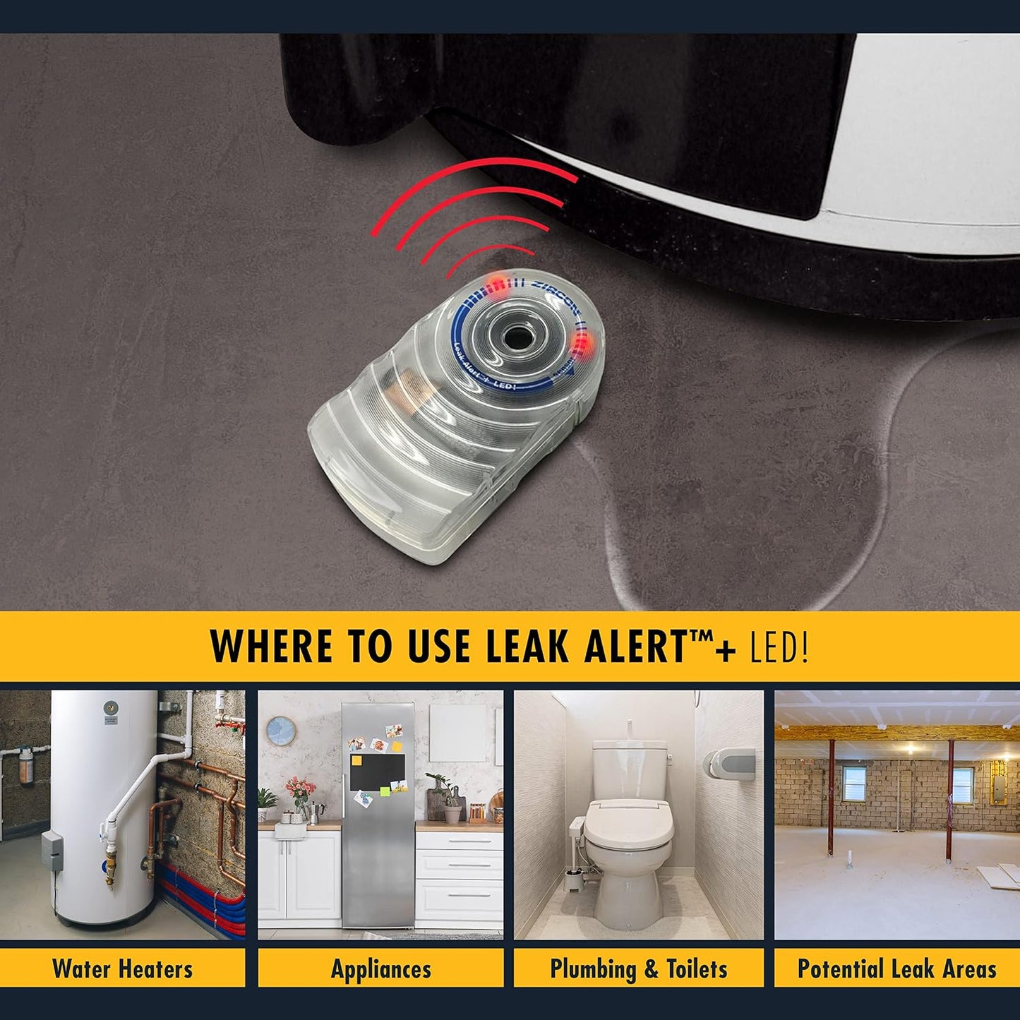Zircon Leak Alert + LED! Water Leak Detector & Flood Sensor Alarm/Water Leak Sensor with Dual Leak Alarms 90Db Audio + Flashing LED Lights/Battery Powered-Batteries Not Included, 1 Pack (72332),White