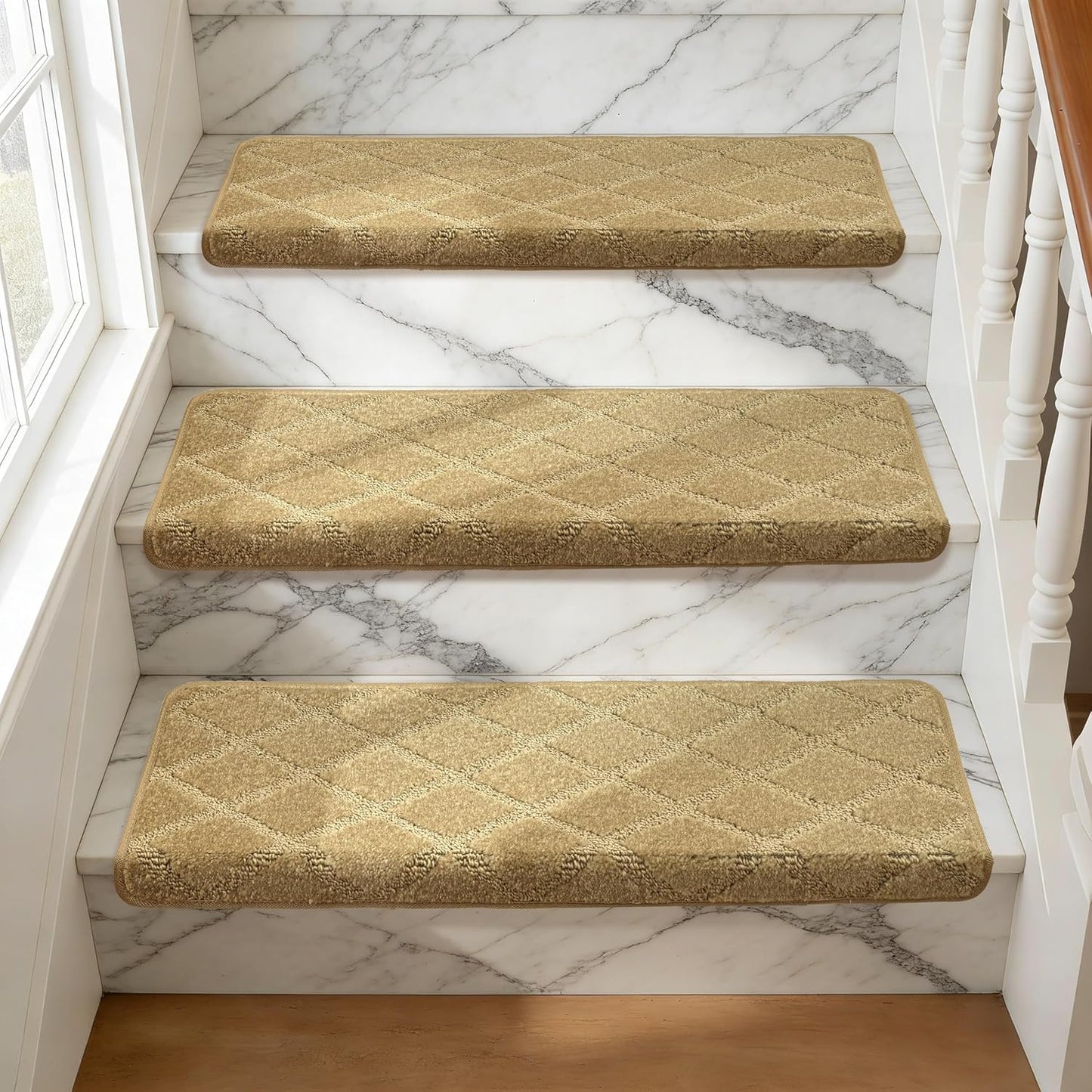 DEXDE Bullnose Stair Treads for Wooden Steps Non-Slip Stair Runner, 14 Pcs | Reusable bullnose carpet Stair Treads Indoor, Peel and Stick Stair Rugs with Edge Protection, Soft Washable, 30"x9.5" Grey
