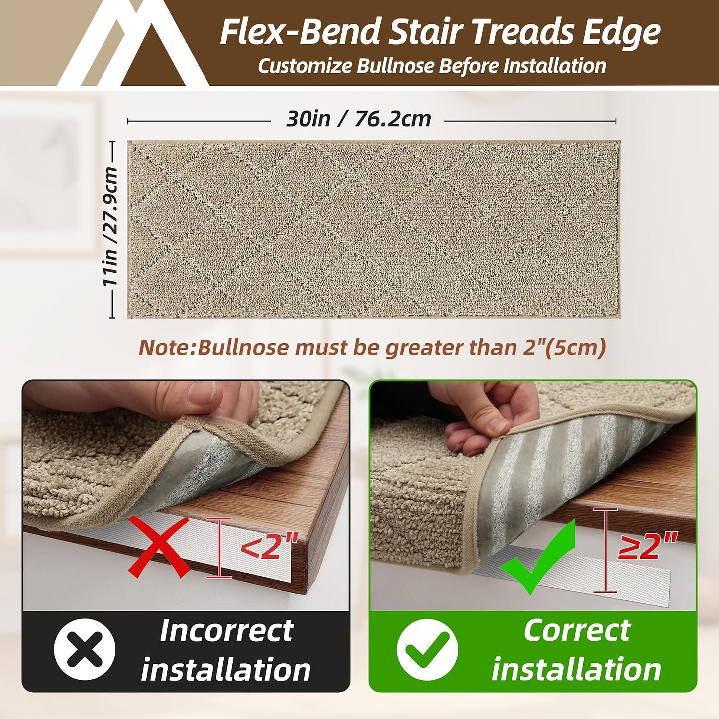 Self Adhesive Bullnose Carpet Stair Treads Non Slip,Grey,11"x30",3 Pack | Pet Friendly, Peel and Stick Stair Treads for Wooden Steps, Washable Stair Runner for Kids Elders, Edge Protection