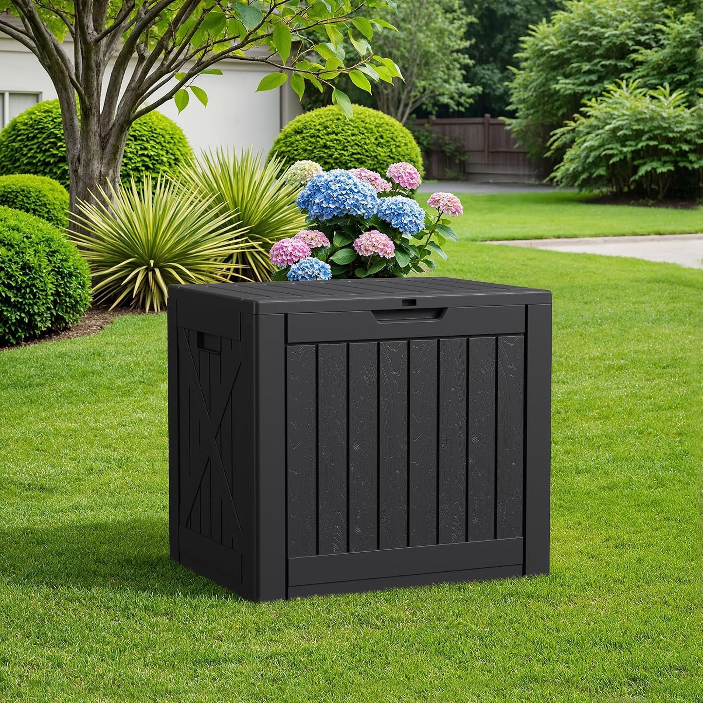 Flamaker Resin Deck Box 120 Gallon Waterproof Large Outdoor Indoor Storage Box Imitation Wood Resin for Patio Furniture Garden Tools and Pool (Black)