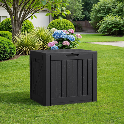 Flamaker Resin Deck Box 120 Gallon Waterproof Large Outdoor Indoor Storage Box Imitation Wood Resin for Patio Furniture Garden Tools and Pool (Black)