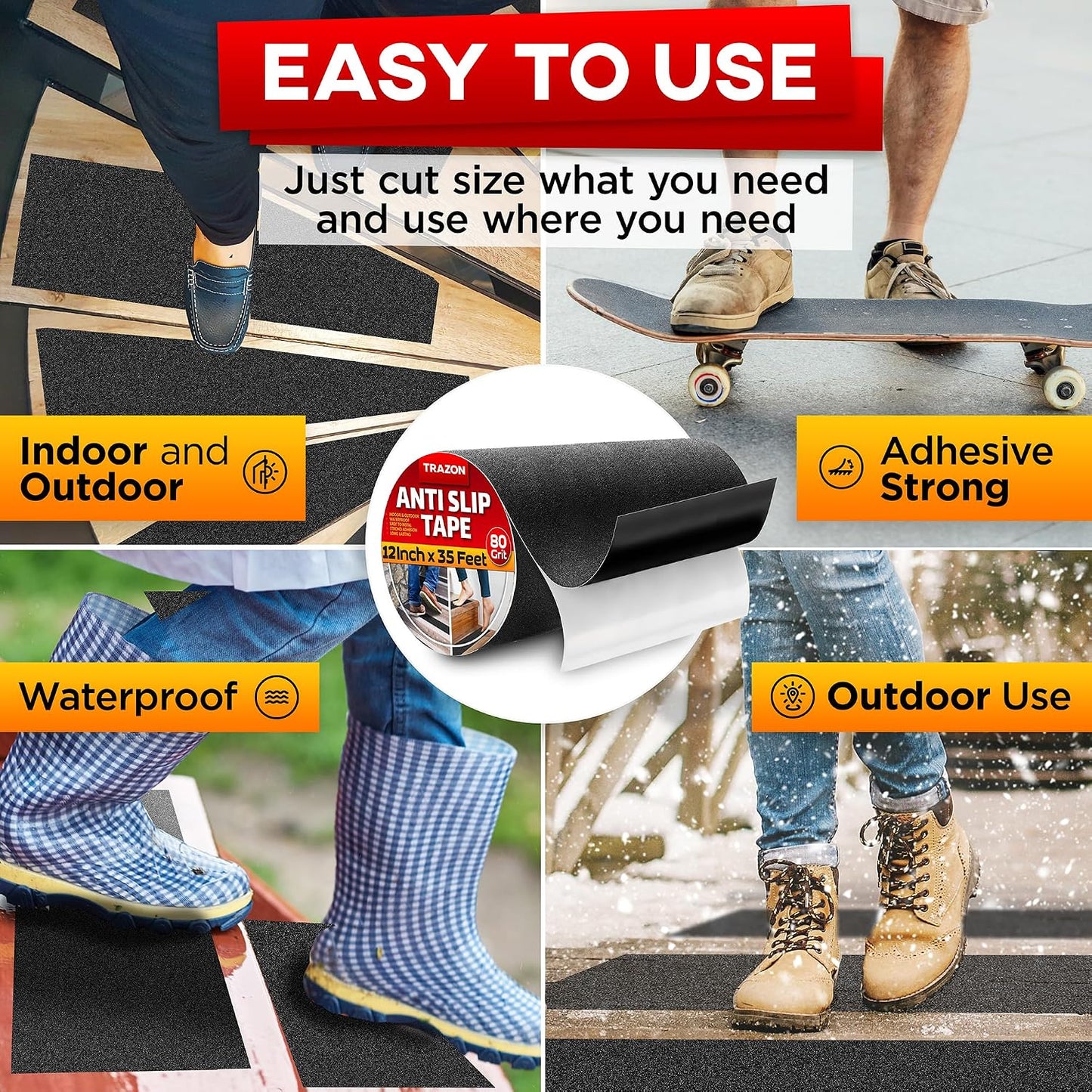 Grip Tape - Heavy Duty Anti Slip Tape for Stairs Outdoor/Indoor Waterproof 4Inch x 35Ft Safety Non Skid Roll for Stair Steps Ramp Traction Tread Staircases Grips Adhesive Non Slip Strips Walk Black