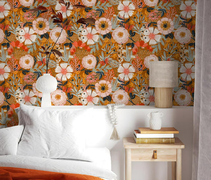HAOKHOME Boho Peel and Stick Wallpaper Floral Wall Paper Removable for Bedroom Navy/Pink/Orange Contact Paper 17.7in x 9.8ft