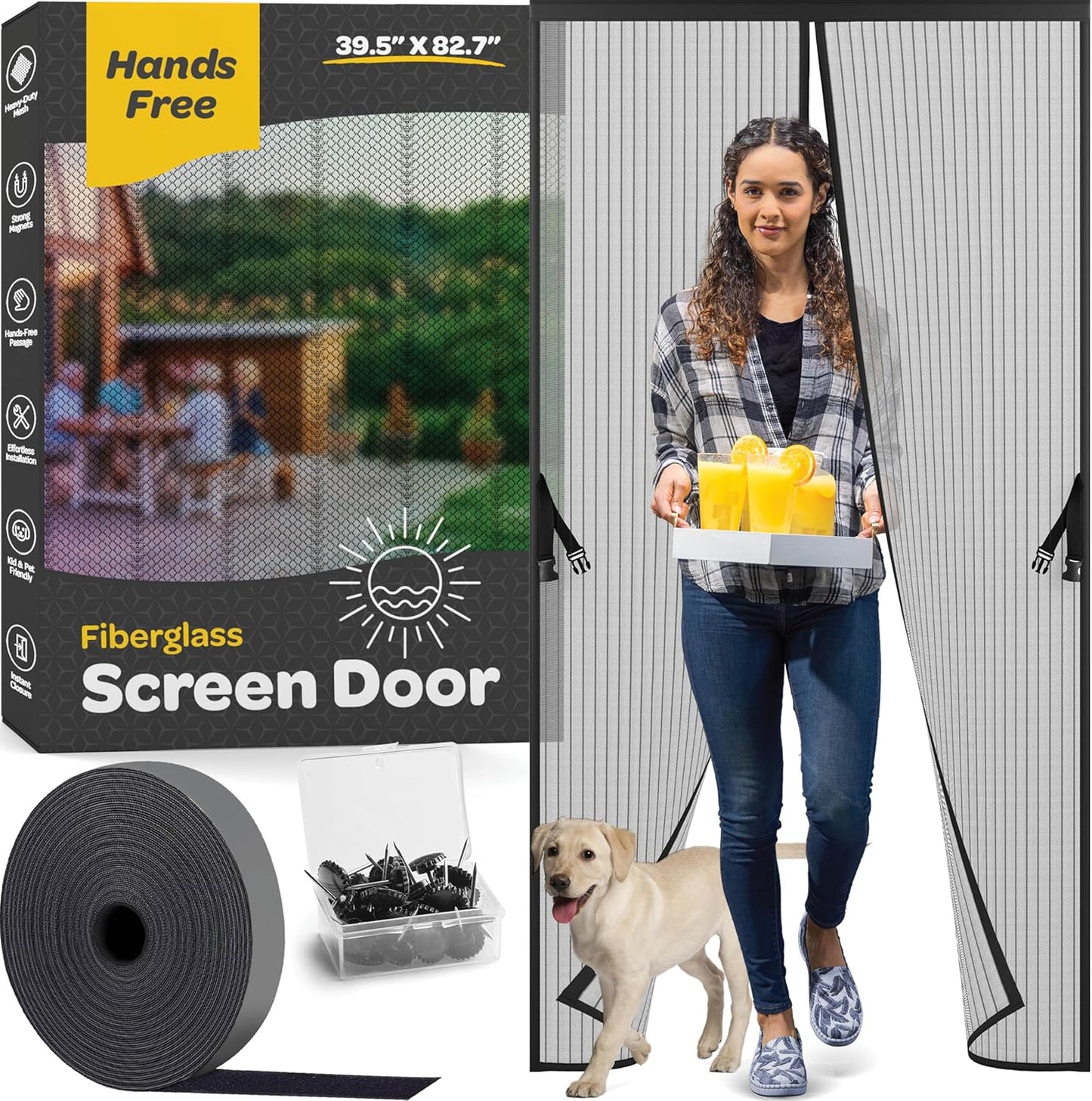 Magnetic Screen Door, Hands-Free Kid/Pet-Friendly Walk Through - Self Magnetic Closure Screen Door Mesh, Stay-Open Option with Buckles - Keeps Bugs Out Lets Breeze in, Fits Door Size (39.4" x 82.7")