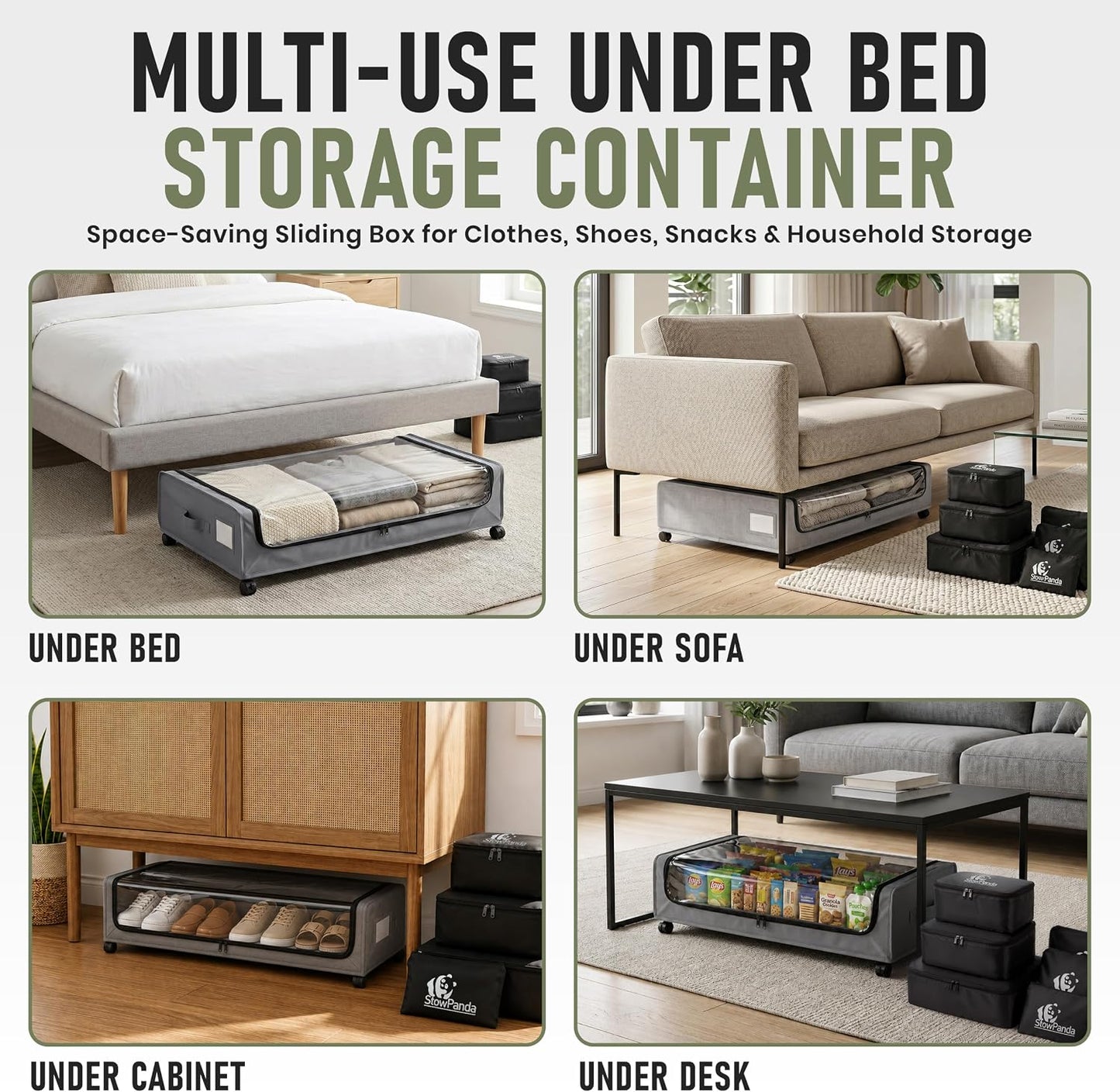 60L Under Bed Storage with Wheels | 2-Pack Rolling Underbed Storage Containers Clear Lids | Includes 6 Travel Bags - Heavy Duty Organizer for Clothes, Shoes, Comforters & Toys-Light Gray