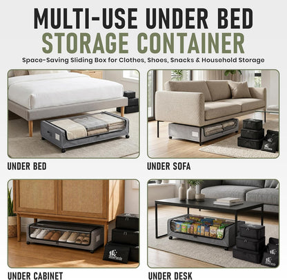60L Under Bed Storage with Wheels | 2-Pack Rolling Underbed Storage Containers Clear Lids | Includes 6 Travel Bags - Heavy Duty Organizer for Clothes, Shoes, Comforters & Toys-Light Gray