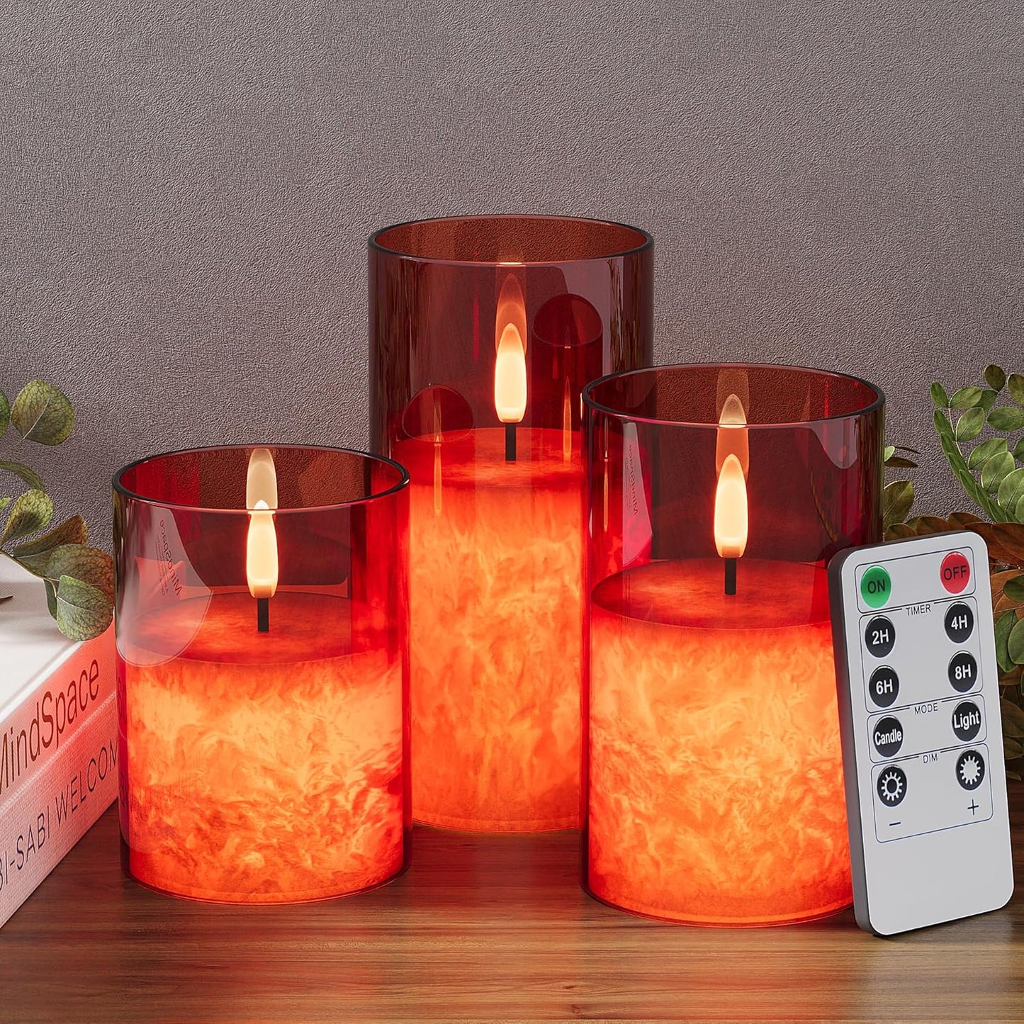 VIODAIM Ice Crystal Real Wax Glass Flameless Candles with Remote & Timer, Battery Operated Candles with Warm Flickering Flame, Realistic LED Candle for Wedding Home Decor [D3×H4/5"/6"] Gold, 3Pack