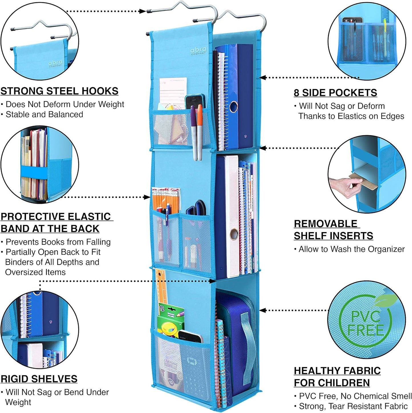 ABRA® 3 Shelf Hanging Locker Organizer for School, Gym, Work, Storage | Deep Shelves 6”x 9”| Eco-Friendly Fabric Healthy for Children | Adjustable School Locker Shelf 3 to 2 Shelves (Pink)