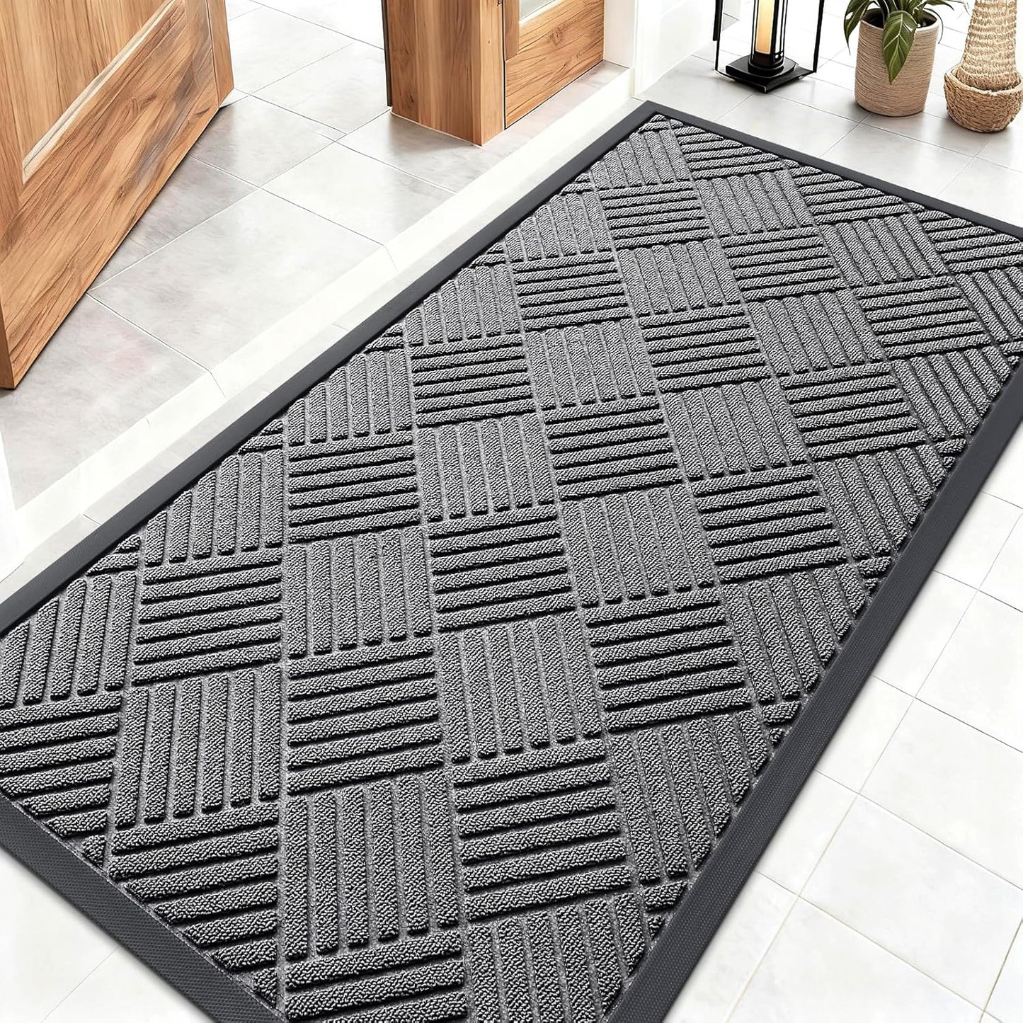 OLANLY Front Door Mat Outside Entrance 29.5x17, Absorbent, Heavy Duty Sturdy Natural Rubber Doormat Indoor Outdoor, Stain and Fade Resistant, Non-Slip Low Profile Floor Mat for Entryway, Grey Diamond