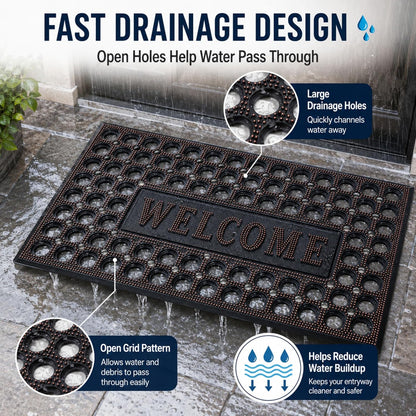 ROOM127 Outdoor Doormat 28.3 x 17.3 in, Rubber Scraper Entry Mat | Heavy Duty 3-Zone Cleaning, Absorbent Strips, Open Drainage, Non Slip Low Profile for Front Door, Patio, Garage & Mudroom