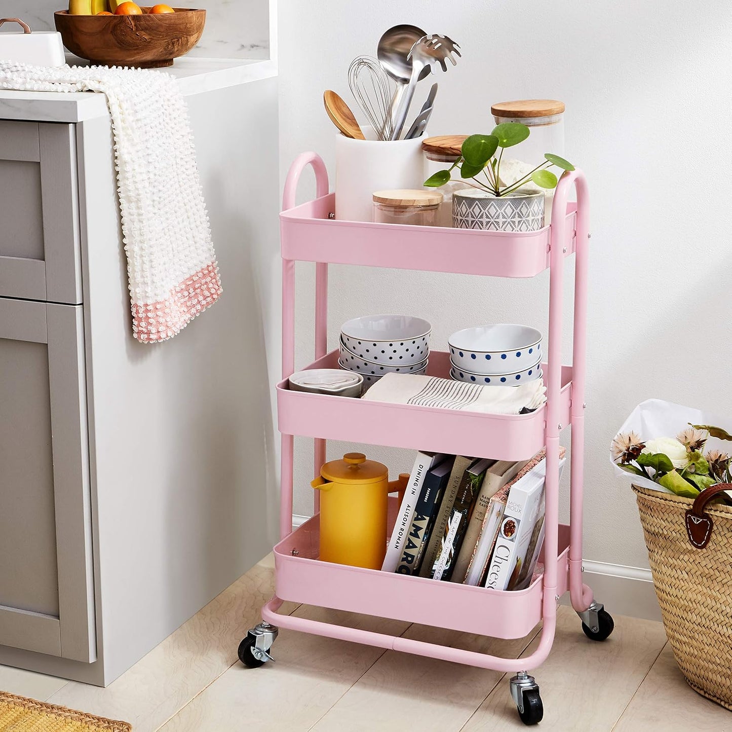Amazon Basics 3-Tier Rolling Utility Cart, Storage Organizer, Lockable Wheels, Multifunctional Storage, Portable Mobile Shelving Unit, White