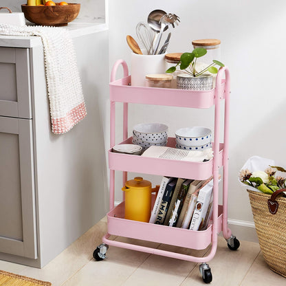 Amazon Basics 3-Tier Rolling Utility Cart, Storage Organizer, Lockable Wheels, Multifunctional Storage, Portable Mobile Shelving Unit, White