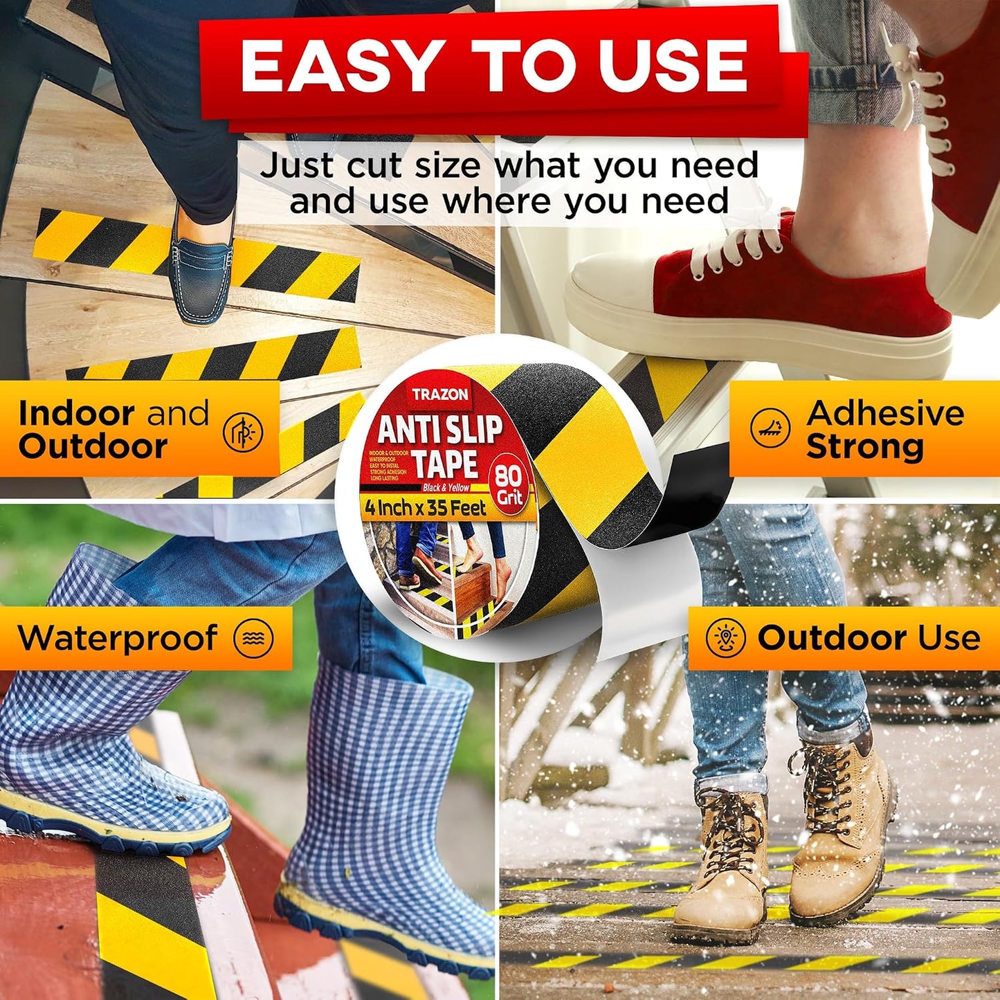 Grip Tape - Heavy Duty Anti Slip Tape for Stairs Outdoor/Indoor Waterproof 4Inch x 35Ft Safety Non Skid Roll for Stair Steps Ramp Traction Tread Staircases Grips Adhesive Non Slip Strips Walk Black