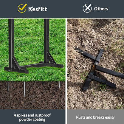 Kesfitt Garden Hose Holder Stand with Tool Storage Basket & 4 Spikes, Detachable Heavy Duty Metal Freestanding Outdoor Organizer for Lawn Yard Water Storage Rack