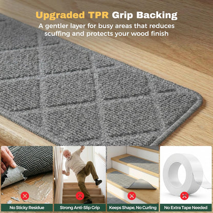 MBIGM 8" X 30" (15 in Pack) Non-Slip Carpet Stair Treads Non-Skid Safety Rug Slip Resistant Indoor Runner for Kids Elders & Pets with Reusable Adhesive - Dark Gray Diamond Weave