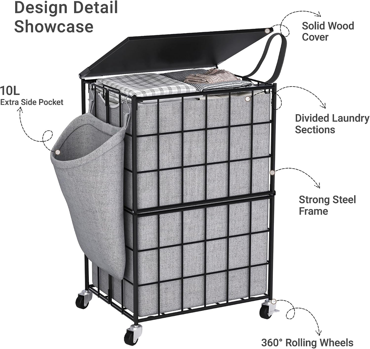 Laundry Basket with Wheels, Heavy Duty Laundry Sorter 2 Sections, 120L (32Gal.) Large Capacity Laundry Hamper with Wood Lid, 360 Rolling Wheels, Extra Side Pocket, Leather Pull Handle, Beige