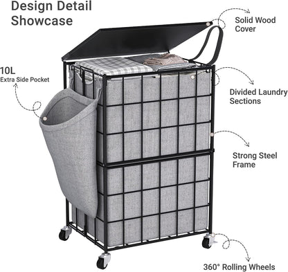 Laundry Basket with Wheels, Heavy Duty Laundry Sorter 2 Sections, 120L (32Gal.) Large Capacity Laundry Hamper with Wood Lid, 360 Rolling Wheels, Extra Side Pocket, Leather Pull Handle, Beige