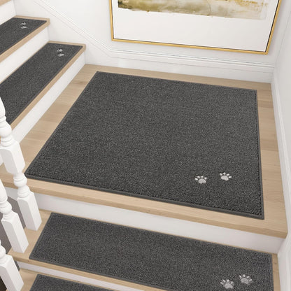 BEQHAUSE Stair Treads for Wooden Steps 28inX9in, Non Slip Carpet Stair Treads Indoor Stair Runners Machine Washable, Soft Stair Rugs Mat Surface Polyester TPE Backing, 4pcs, Charcoal