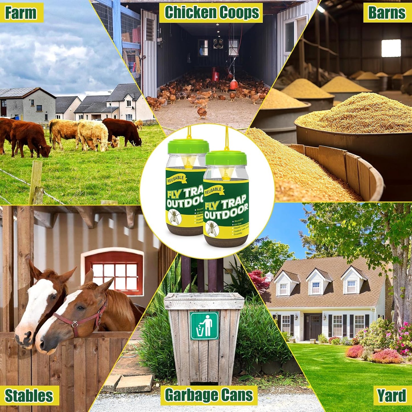 4 Fly Traps Outdoor Fly Trap with 4 Dissolvable Bait Refills, Reusable Hanging Bug Catcher Killer Bottle for Outside Bug Control Patio Yard Ranch Barns Stable, Hanging Rope, Brush Included