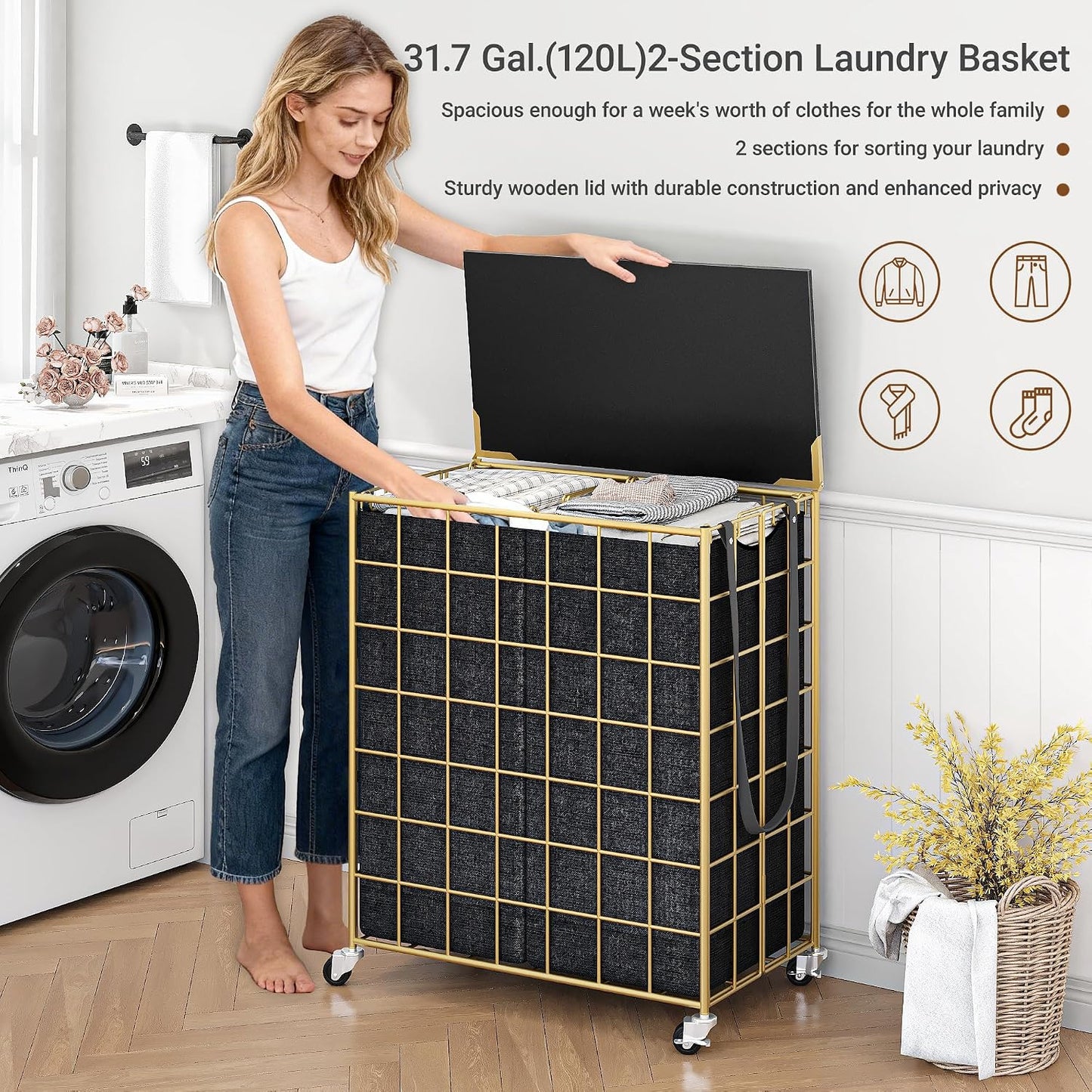 Laundry Basket with Wheels, Heavy Duty Laundry Sorter 2 Sections, 120L (32Gal.) Large Capacity Laundry Hamper with Wood Lid, 360 Rolling Wheels, Extra Side Pocket, Leather Pull Handle, Beige