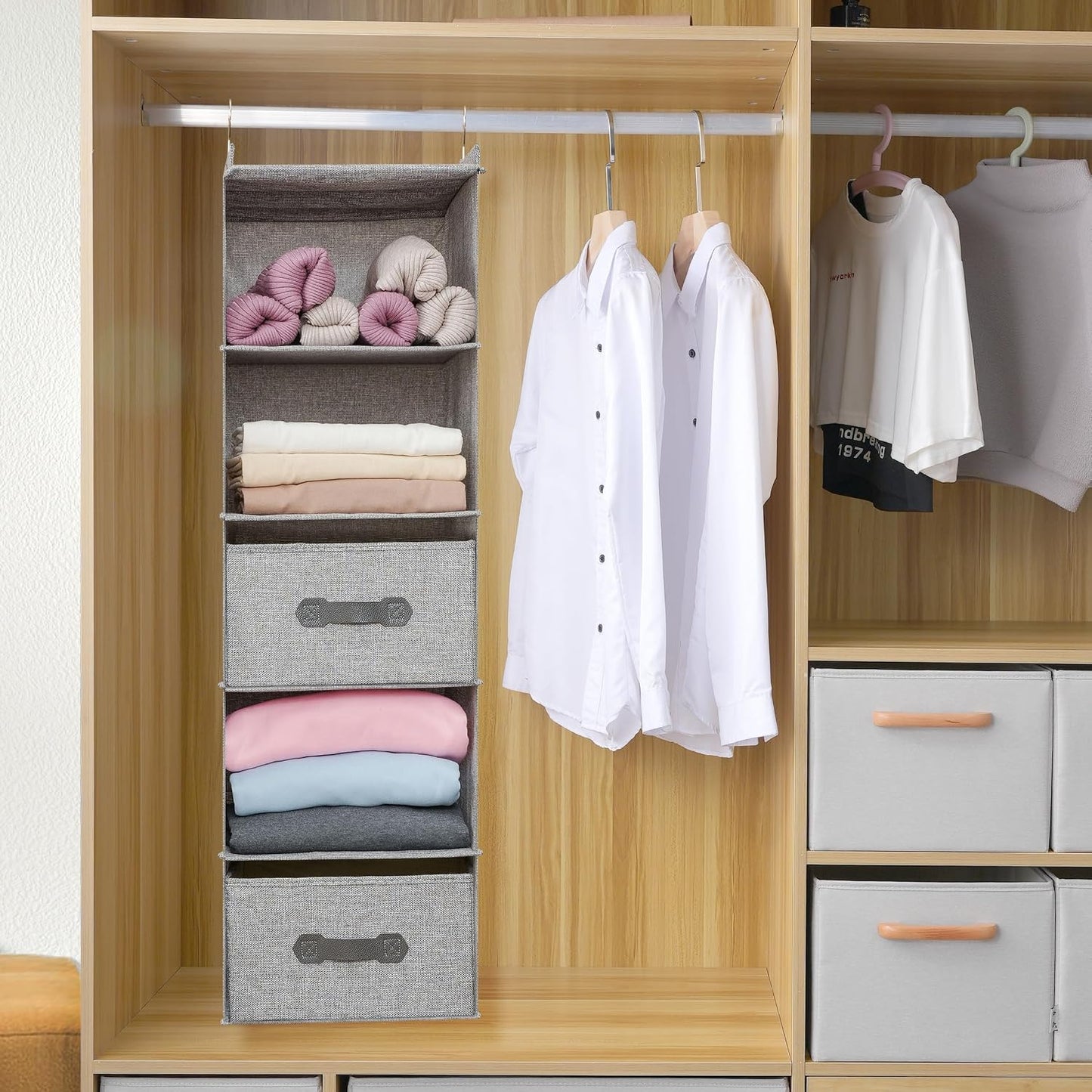 Large Hanging Sweater Organizer for Closet,Collapsible 6-Shelf Hanging Closet Shelves with Drawers, Washable (Grey-6 Shelf)