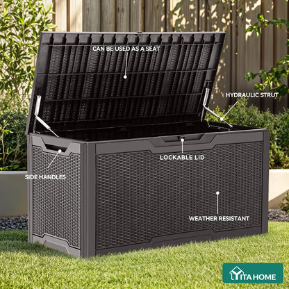 YITAHOME 100 Gallon Large Outdoor Deck Box | Waterproof Resin Storage Box, Lockable Indoor Outdoor Storage Container for Patio Furniture Cushions, Pool Accessories