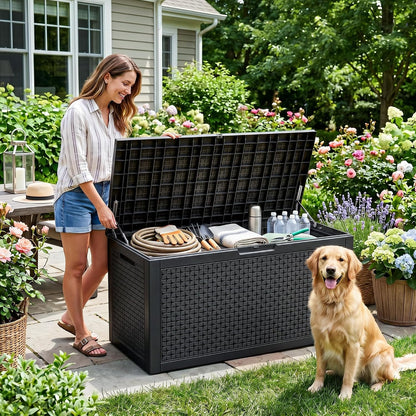 EasyUp 33 Gallon Resin Deck Box Waterproof, UV Resistant Outdoor Storage Box for Delivery, Porch, Patio and Garden, Stripe Black