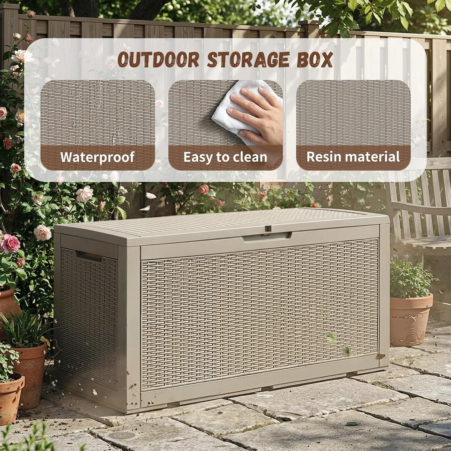 EFU Outdoor Storage Box 100 Gallon Deck Box Resin Outdoor Toy Storage With Lockable Lid, Hydraulic Struts, Rattan Style Package Delivery Boxes for Outside Patio Yard Garden (Black)