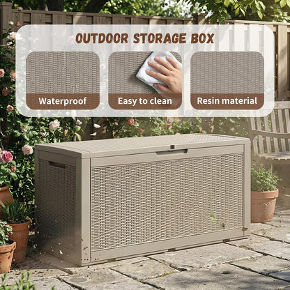 EFU Outdoor Storage Box 100 Gallon Deck Box Resin Outdoor Toy Storage With Lockable Lid, Hydraulic Struts, Rattan Style Package Delivery Boxes for Outside Patio Yard Garden (Black)
