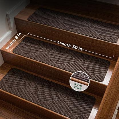 MBIGM 8" X 30" (15 in Pack) Non-Slip Carpet Stair Treads Non-Skid Safety Rug Slip Resistant Indoor Runner for Kids Elders & Pets with Reusable Adhesive - Dark Gray Diamond Weave