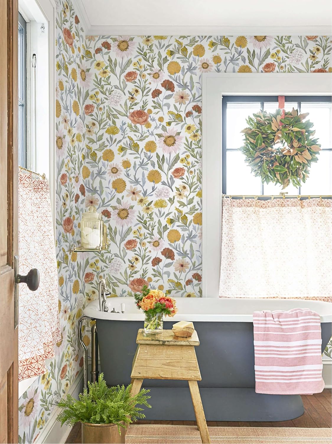 Dimoon 17.3''x78.7'' Peel and Stick Wallpaper Floral Cute Contact Paper Vintage Village Country Cottage Wallpaper Farmhouse Yellow Beige Renter Friendly Geometry Waterproof Embossed Kitchen Bedroom