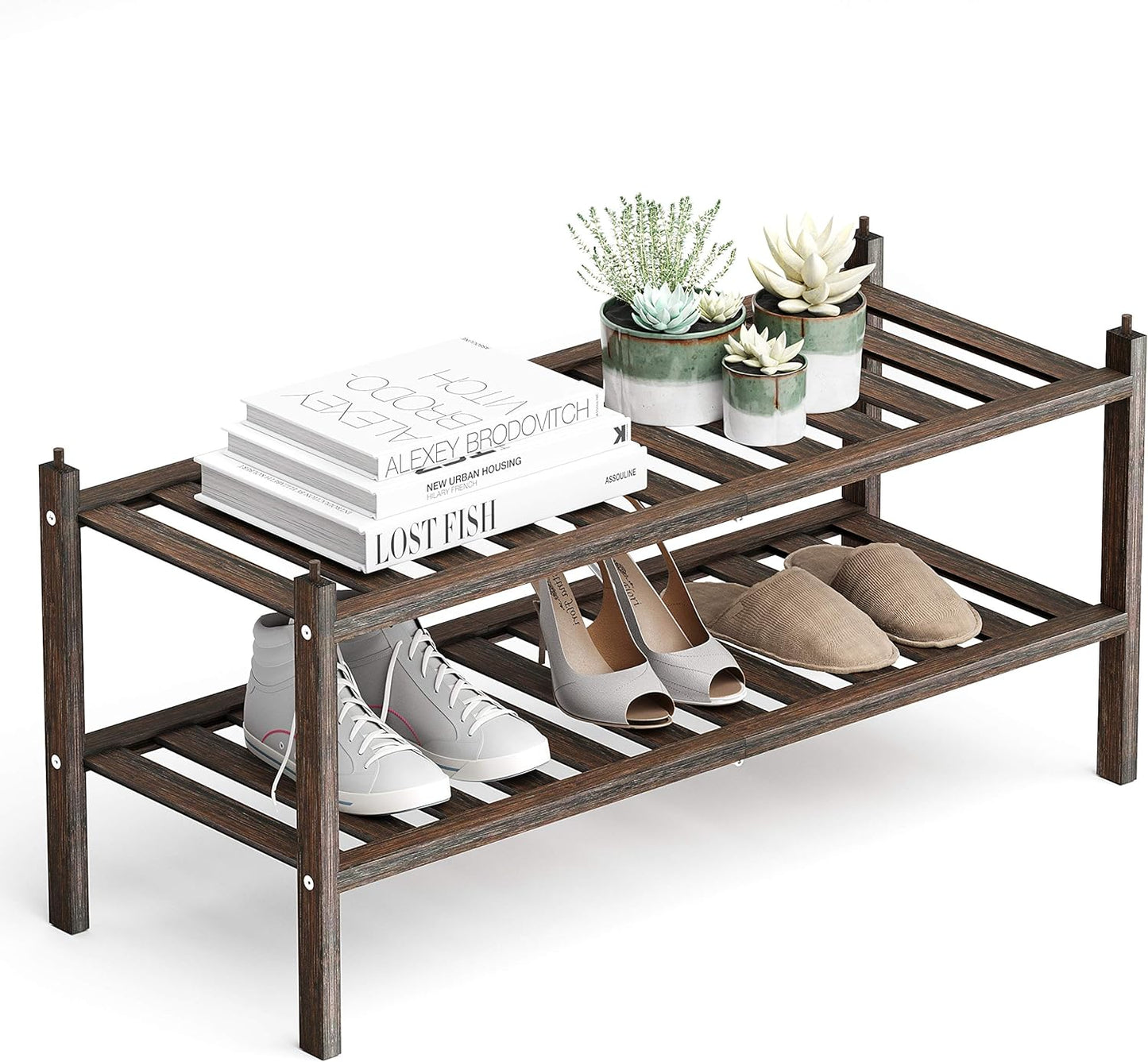 Dranixly Shoe Rack, 2-Tier Bamboo Stackable Shelf Storage Organizer, Stand for Closet, Entryway, Hallway, Bathroom and Living Room（Natural）